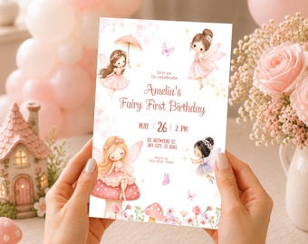 Magical Fairy First Birthday Invitation, Soft Pastel Whimsical 1st Birthday Canva Template
