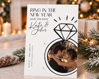 New Year Engagement Save the Date, Ring in the New Year Photo Card, Editable Canva Template