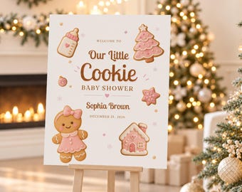 Our Little Cookie Baby Shower Welcome Sign, Pink Gingerbread Girl Christmas Shower Poster, Editable Canva Template