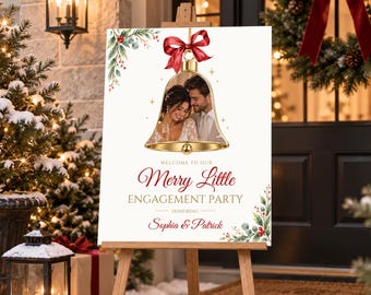 Merry Little Engagement Welcome Sign, First Christmas Engaged Photo Sign, Editable Canva Template