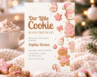 Christmas Cookie Baby Shower Invitation for Girl, Pink Gingerbread Little Cookie Invite, Editable Canva Template