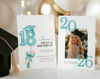 Editable Graduation and 18th Birthday Invitation, Coquette Turquoise Bow Photo Card, Canva Template Printable PDF 5x7, Digital Download