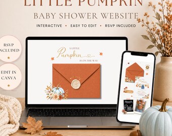 Little Pumpkin Baby Shower Website, Fall Boy Clothesline Invitation with RSVP, Interactive Canva Template