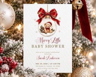 Merry Little Baby Shower Invitation, Christmas Red Bow Baby Shower Invite, Editable Canva Template