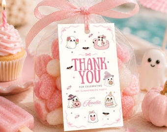 Summerween Favor Tag, Pink Ghost Coquette Halloween Party, Editable Canva Template