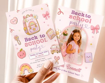 Back to School Invitation with Photo, Pastel Rainbow School Party Invite for Girl, Editable Canva Template