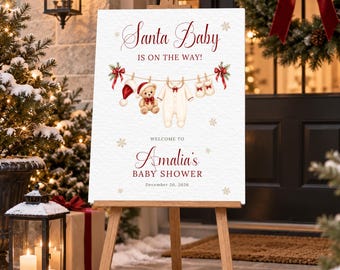 Santa Baby Shower Welcome Sign, Christmas Clothesline Baby Shower Poster, Editable Canva Template