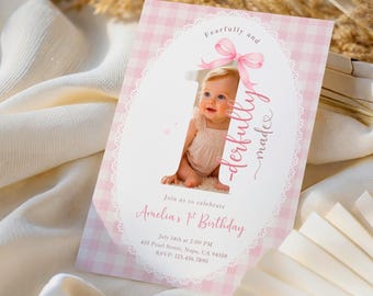 Fearfully and Onederfully Made Birthday Invite, Pink Gingham Bow 1st Birthday Template, Editable Canva
