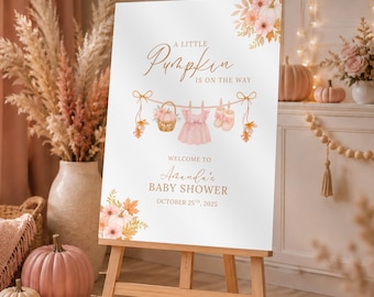 Little Pumpkin Baby Shower Welcome Sign, Fall Girl Clothesline Canva Template