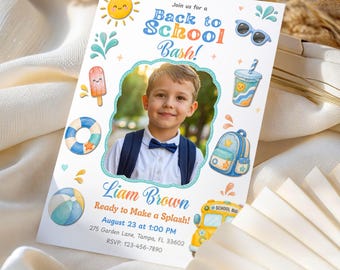 Back to School Bash Invitation with Photo, End of Summer Pool Party Invite for Boy, Editable Canva Template