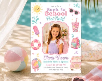 Back to School Pool Party Invitation with Photo, End of Summer Celebration Invite for Girl, Editable Canva Template