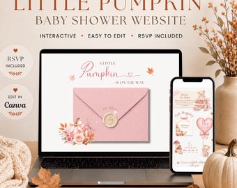A Little Pumpkin Baby Shower Website Invitation, Pink Fall Girl Baby Shower with RSVP, Interactive Canva Template