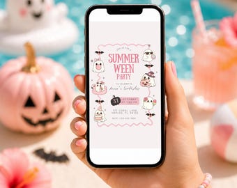 Summerween Birthday Party Evite, Pink Ghost Halloween Kids Birthday Invitation, Coquette Mobile Invite, Editable Canva Template