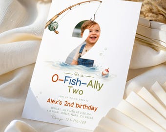 O Fishally Two Birthday Invitation with Photo, Fishing 2nd Birthday Invite for Boy, Editable Canva Template