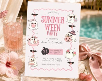 Summerween Birthday Party Invitation, Pink Ghost Kids Halloween Birthday Invite, Coquette Party Template, Digital Download