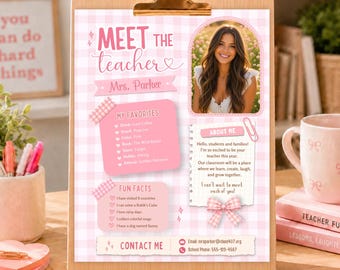 Pink Gingham Meet the Teacher Template, Coquette Teacher Introduction Flyer, Editable Canva