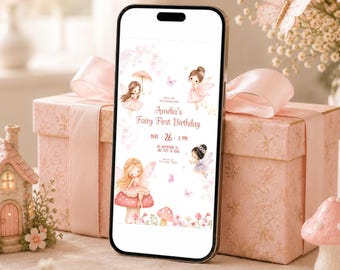Magical Fairy First Birthday Evite, Pastel Whimsical Digital Invitation Canva Template