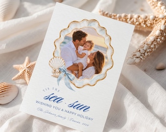 Beach Christmas Photo Card, Tis the Sea Sun Holiday Card, Seashell Family Vacation Canva Template 5x7