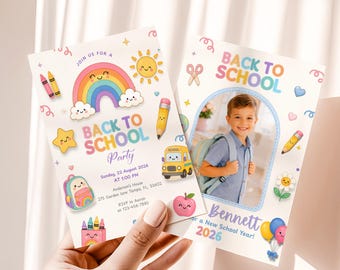 Back to School Invitation with Photo, Blue Rainbow School Party Invite for Boy, Editable Canva