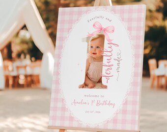Fearfully and Onederfully Made Photo Welcome Sign, Pink Gingham Bow 1st Birthday Canva Template