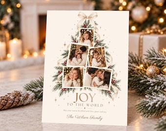Joy to The World Christmas Photo Card, Religious Holiday Card, Christian Family Photo Collage Canva Template