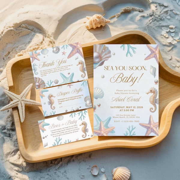 Sea You Soon Baby Shower Bundle, Blue Under the Sea Seashell Invite Set, Editable Coastal Beach Party Template for Boy, Digital Download