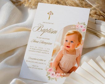 Pink Floral Girl Baptism Invitation Template, Elegant Christening Photo Canva Invite ( Digital Download)