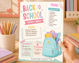 Editable School Supply Drive Flyer, Back to School Donation Template, Teacher Fundraiser Canva Printable