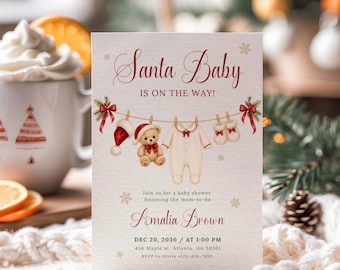 Santa Baby Shower Invitation Template, Christmas Clothesline Baby Shower Invite, Editable Canva
