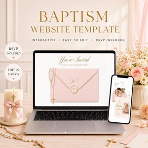 Könnte beinhalten: Eine Taufe-Website-Vorlage auf einem Laptop- und Smartphone-Bildschirm. Der Bildschirm zeigt einen digitalen rosa Umschlag mit einem Rosenkranz und Blumenmuster. Eine Stumpenkerze mit rosa Schleife und ein Rosenkranz liegen auf dem Tisch.