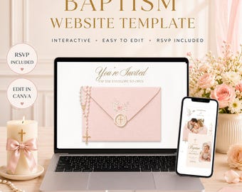 Digital Baptism Invitation Website with RSVP, Floral Pink Bow Girl Christening Canva Template