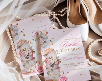 Zeit für Tee Brautparty-Einladung, rosa Blumen High Tea Party einladen, bearbeitbare digitale Vorlage