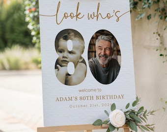 Look Who’s 80 Welcome Sign, 80th Birthday Photo Collage Poster, Editable Canva Template