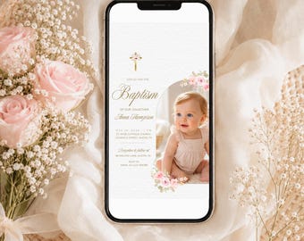 Pink Floral Girl Baptism Evite, Elegant Christening Photo Canva Invite ( Digital Download)