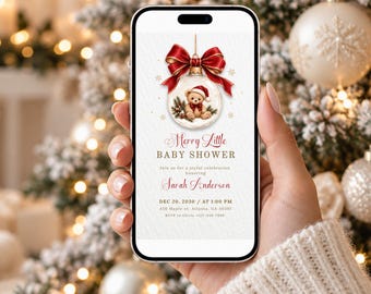 Merry Little Baby Shower Evite, Christmas Red Bow Digital Invitation, Editable Canva Template