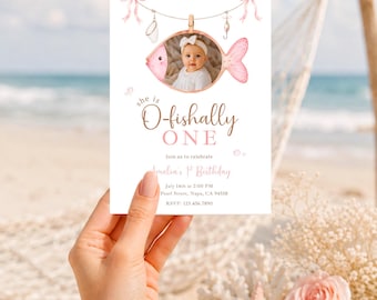 Fishing 1st Birthday Invitation with Photo, Pink O-Fishally One Girl Canva Template (5x7")