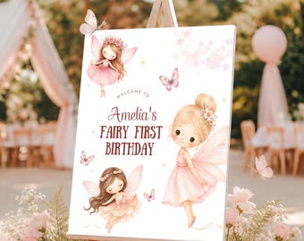 Fairy First Birthday Welcome Sign , Enchanted Garden 1st Birthday Decor, Pink Whimsical Canva Template