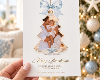 Christmas Tree Photo Card, Coastal Beach Holiday Greeting, Family Vacation Canva Template 5x7