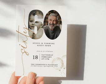 Editable 60Th Birthday Invitation With Photo, Look Whos 60 Birthday Invitation, Funny 60th Birthday Invite, Modern 60th Birthday Invitation