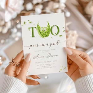 Two Peas In A Pod Baby Shower Invitation, Twin Baby Shower Invite Template, Green Sweet Pea Twins Invite, Twin Babies Party Greenery Leaves