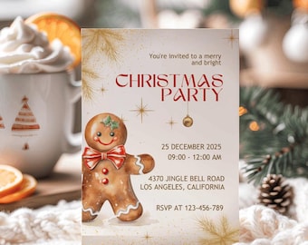 May include: A Christmas party invitation featuring a gingerbread man illustration with a red bow tie. The invitation includes the text "Christmas Party," date, time, and location details. The design incorporates gold accents and festive elements.