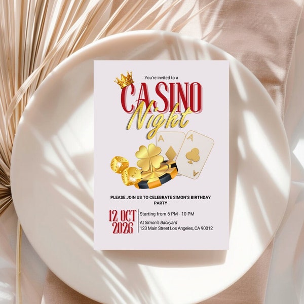 Editable Casino Birthday Invitation, Casino Night, Poker Party Invite, Digital Casino Invitation Template, Playing Cards Poker