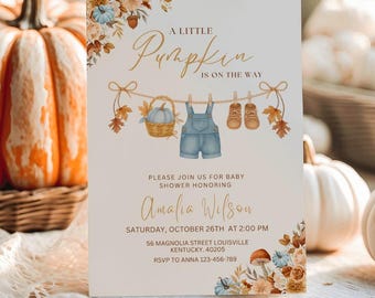 Blue Boho Fall Baby Shower Invitation, Boy Clothesline Fall Baby Shower Template, A Little Pumpkin is on the Way, Printable Digital Download
