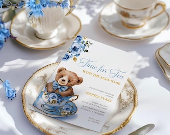 Modello modificabile per invito a baby shower con festa del tè, Ora del tè con la futura mamma, Baby shower floreale con ora del tè, Invito a baby shower floreale blu