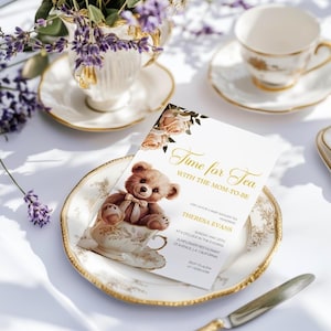 Bearbeitbare Teeparty-Babypartyeinladungsvorlage, Zeit für Tee mit der werdenden Mutter, geschlechtsneutrale Teezeit Blumen-Babyparty,