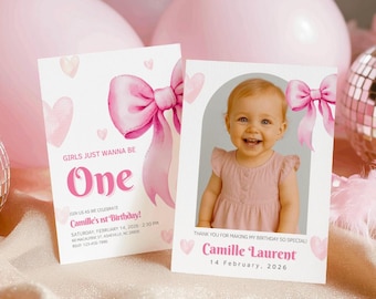Invitación de cumpleaños "Las niñas solo quieren ser..." con foto, lazo rosa, para el primer cumpleaños de niñas, editable, tamaño 5x7.