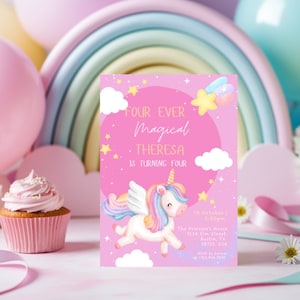 Faire-part Licorne pour 4e anniversaire, quatre soirées magiques, 4e anniversaire de fille licorne pastel en téléchargement numérique, anniversaire de licorne pastel arc-en-ciel