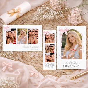Graduation Photo Booth Template Set, Pink Bow Coquette Canva Designs, Photo Strip & Portrait Layouts, Editable Digital Download