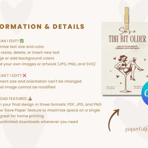 May include: A printable invitation for a 30th birthday party. The invitation features a woman sitting in a martini glass with the text "She's a Tini Bit Older" and "Join us to celebrate Theresa's 30th Birthday!"