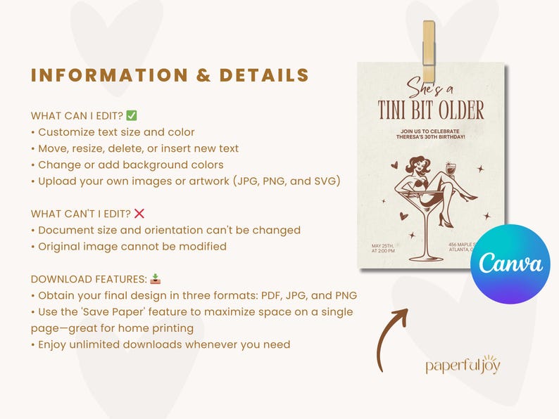 May include: A printable invitation for a 30th birthday party. The invitation features a woman sitting in a martini glass with the text "She's a Tini Bit Older" and "Join us to celebrate Theresa's 30th Birthday!"